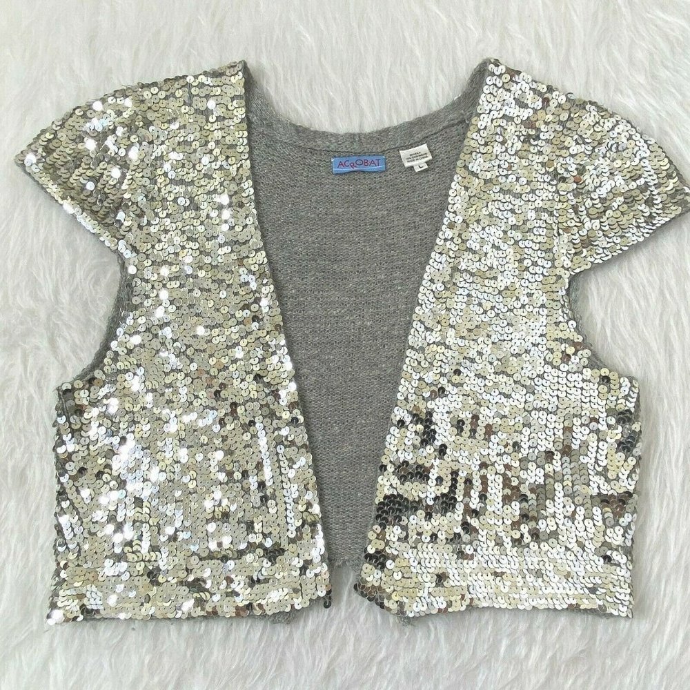 Acrobat Women's Large Cropped Bolo Sequined Sweater Vest Cap Sleeves Silver Gray